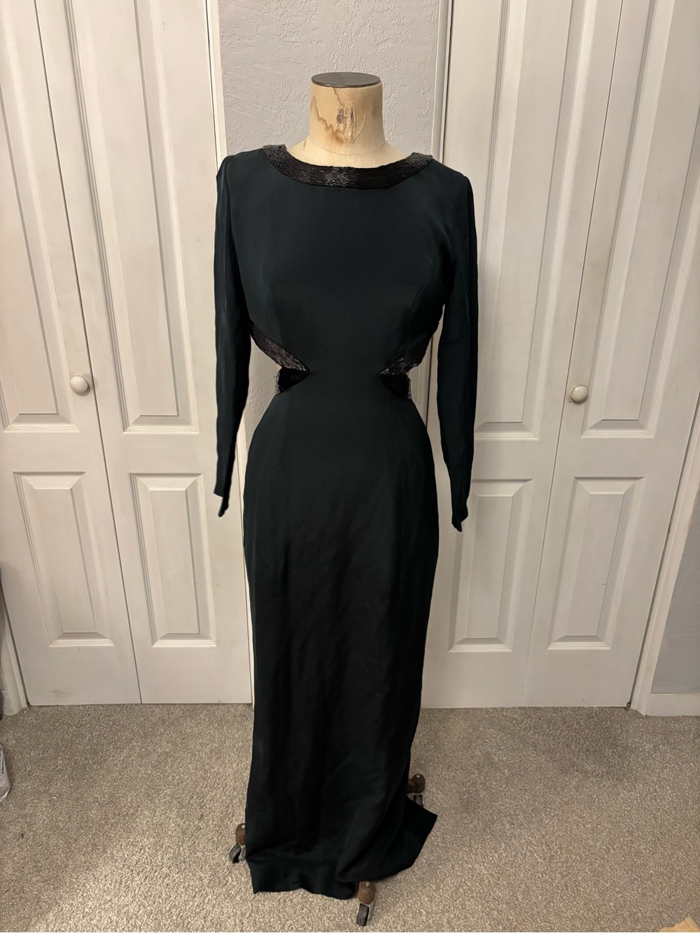 Vintage 90’s Black 100% Silk Beaded Gown W Waist Cutouts Size 6